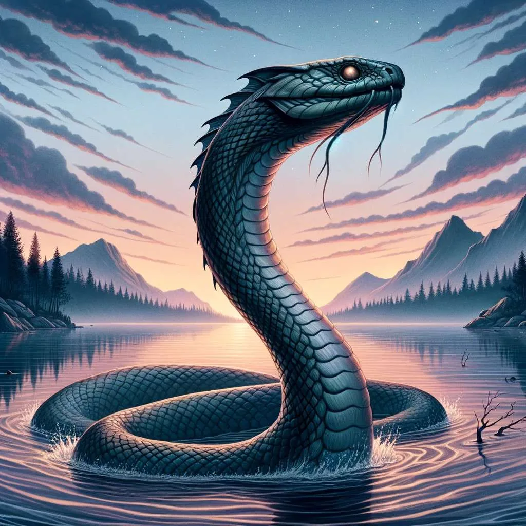 Ilustración de la serpiente legendaria del Lago Storsjön emergiendo de las aguas tranquilas al amanecer, con un paisaje de montañas y bosques en el fondo, evocando el misterio y la belleza de esta leyenda sueca. Los Mitos y Leyendas (www.losmitosyleyendas.com)