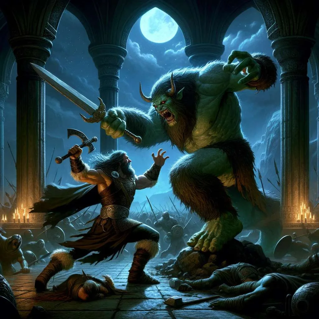 Ilustración épica de Beowulf enfrentando a Grendel en una batalla nocturna dentro de la gran sala Heorot, destacando el heroísmo y la fuerza en el intenso combate entre el guerrero y el monstruo. Los Mitos y Leyendas (www.losmitosyleyendas.com)