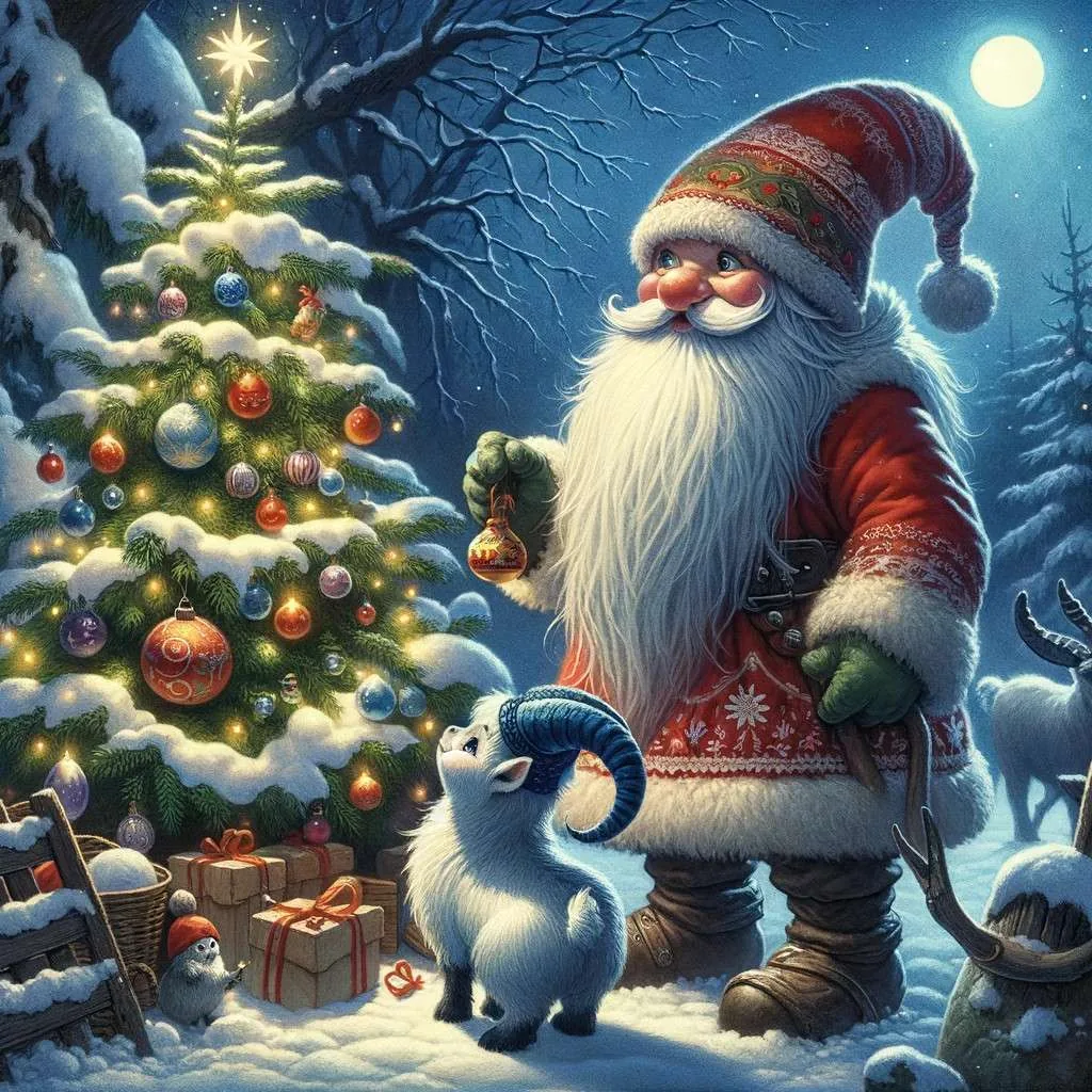 Ilustración de un Tomte y un Nisse en una granja escandinava durante la noche nevada, donde el Tomte deja regalos y el Nisse cuida de los animales, representando su papel protector y su conexión con la tradición navideña escandinava. Los Mitos y Leyendas (www.losmitosyleyendas.com)