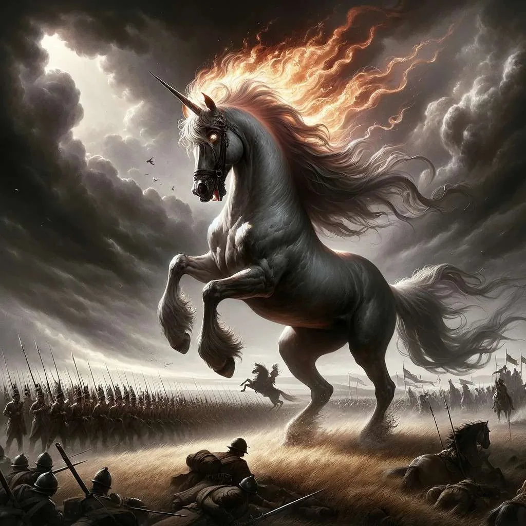 Ilustración dramática de Mythot, el caballo legendario, en el campo de batalla antes de una guerra, destacando su majestuosidad y el momento crítico que desencadenó el conflicto. Los Mitos y Leyendas (www.losmitosyleyendas.com)