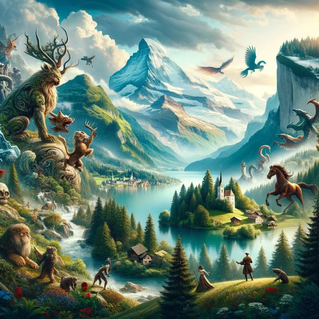 Una representación artística de mitos y leyendas de Suiza, mostrando criaturas míticas y paisajes naturales impresionantes, evocando la rica herencia cultural y las tradiciones antiguas del país. Los Mitos y Leyendas (www.losmitosyleyendas.com)