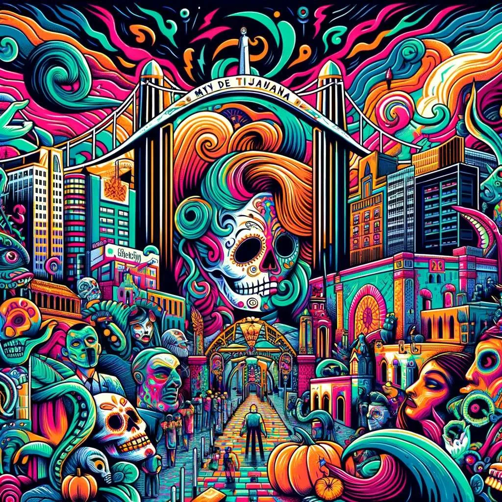 Ilustración de Tijuana con elementos urbanos y figuras míticas, combinando el famoso arco de la ciudad con espectros del folclore local en un ambiente vibrante y enigmático. Los Mitos y Leyendas (www.losmitosyleyendas.com)