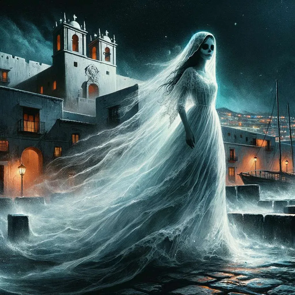 Ilustración de la dama de blanco, figura etérea y melancólica, vagando por las calles solitarias de Tijuana bajo la luz de la luna, creando una atmósfera de misterio. Los Mitos y Leyendas (www.losmitosyleyendas.com)