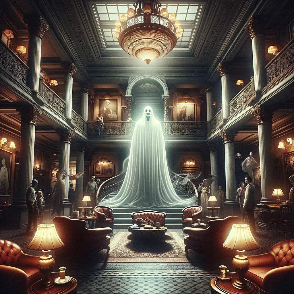 Ilustración del interior vintage del Hotel Caesar's en Tijuana con la figura etérea de un fantasma, evocando misterio y presencias sobrenaturales en su atmósfera clásica. Los Mitos y Leyendas (www.losmitosyleyendas.com)