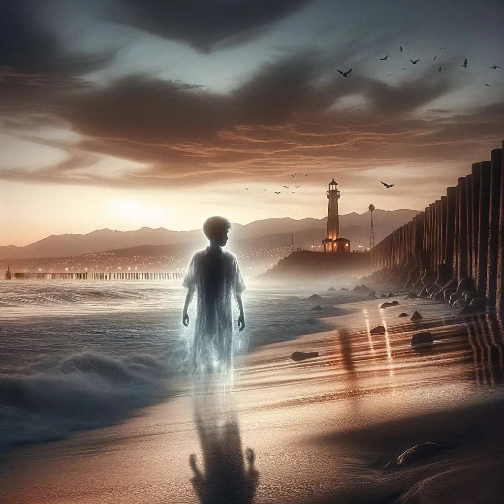 Ilustración de un joven fantasma solitario en la playa al atardecer en Playas de Tijuana, con elementos icónicos como el faro y la valla fronteriza, evocando tristeza y esperanza. Los Mitos y Leyendas (www.losmitosyleyendas.com)