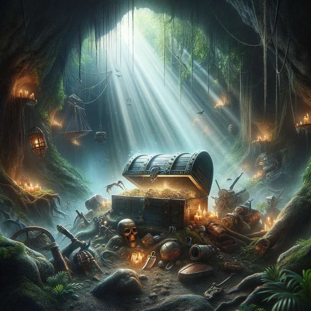 Escena de un cofre de tesoro abierto irradiando luz mágica en una isla misteriosa, rodeado de cuevas ocultas y símbolos de advertencia, evocando misterio y peligro. Los Mitos y Leyendas (www.losmitosyleyendas.com)