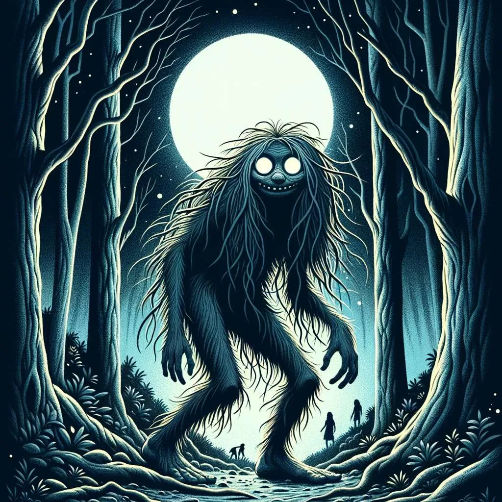 Ilustración de El Pombero, una criatura mítica del folclore sudamericano, especialmente en Uruguay. Se le muestra como un ser pequeño y humanoide, con cabello largo y enredado y ojos grandes y brillantes, emergiendo de las sombras entre los árboles en una noche iluminada por la luna en un denso bosque uruguayo. Los Mitos y Leyendas (www.losmitosyleyendas.com) 