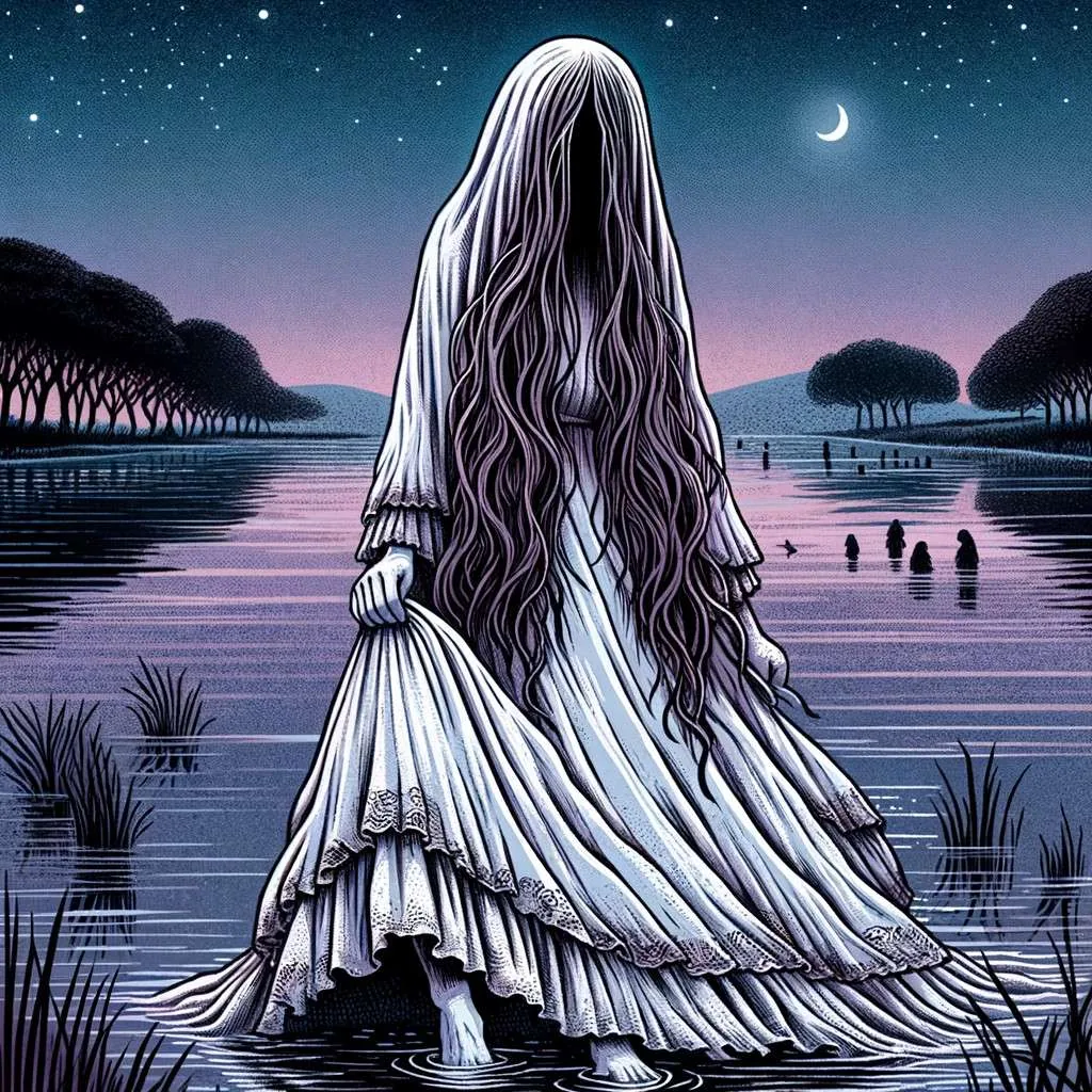 Representación de la Llorona uruguaya, una versión única del mito tradicional adaptada al contexto uruguayo. Aparece como una mujer doliente, vagando cerca de cuerpos de agua en Uruguay, vestida de blanco y con el cabello largo fluyendo sobre su rostro, en una postura fantasmal con los pies apenas tocando el suelo, en un paisaje típicamente uruguayo al crepúsculo. Los Mitos y Leyendas (www.losmitosyleyendas.com)