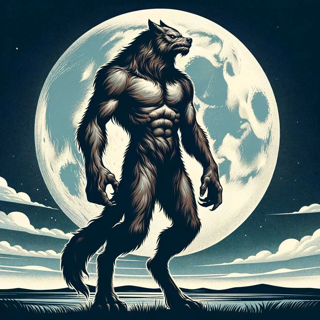 Ilustración del Lobizón, una criatura mítica del folclore uruguayo, similar a un hombre lobo. Se le muestra como una bestia grande y temible, con el cuerpo de un hombre musculoso y la cabeza de un lobo, de pie sobre dos patas bajo la luz de la luna llena, proyectando largas sombras a través de un campo uruguayo desolado. Los Mitos y Leyendas (www.losmitosyleyendas.com)