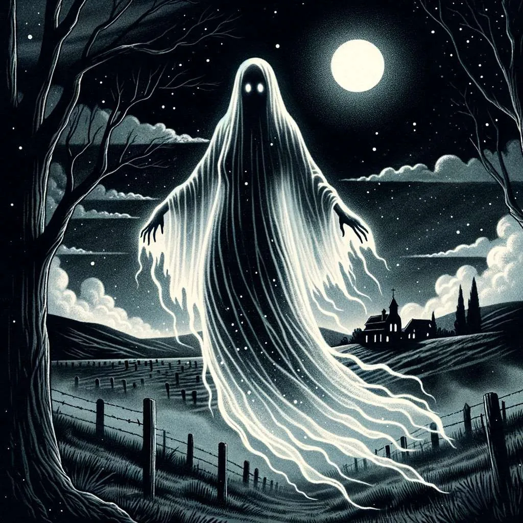 Ilustración de La Mulánima, una figura espectral del folclore uruguayo, mostrada como una entidad luminosa y flotante, en un paisaje uruguayo brumoso y bañado por la luz de la luna, evocando su naturaleza misteriosa y etérea. Los Mitos y Leyendas (www.losmitosyleyendas.com