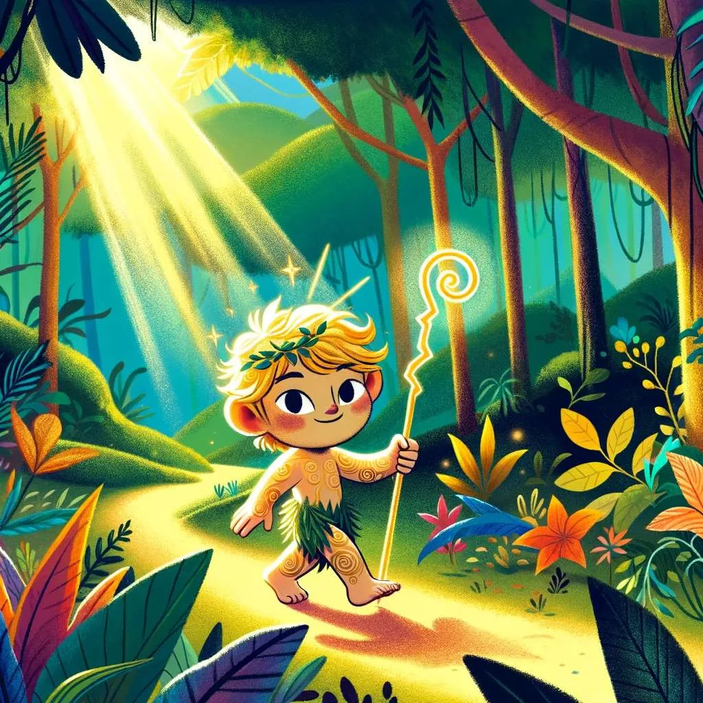 Representación de El Yasy Yateré, un ser de la mitología Guaraní también presente en el folclore uruguayo, como un pequeño ser infantil con cabello dorado y una piel radiante, en un bosque exuberante y vibrante de Uruguay, resaltando su naturaleza juguetona y misteriosa. Los Mitos y Leyendas (www.losmitosyleyendas.com)
