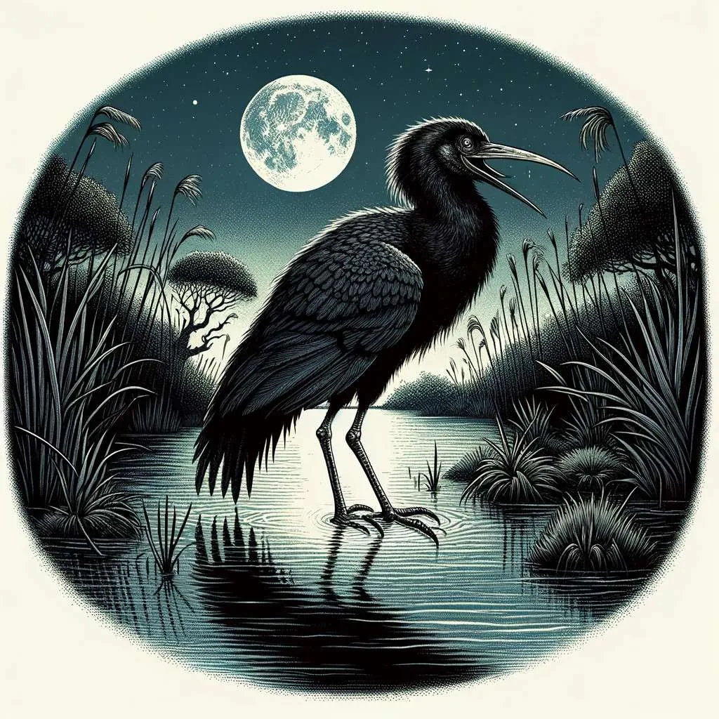 Ilustración de El Carau, un pájaro mítico asociado con presagios en el folclore uruguayo, de pie en aguas poco profundas durante una noche de luna en un tranquilo y sereno humedal uruguayo, con la luna reflejándose en el agua y rodeado de cañas, realzando la atmósfera inquietante y mística de esta leyenda. Los Mitos y Leyendas (www.losmitosyleyendas.com)