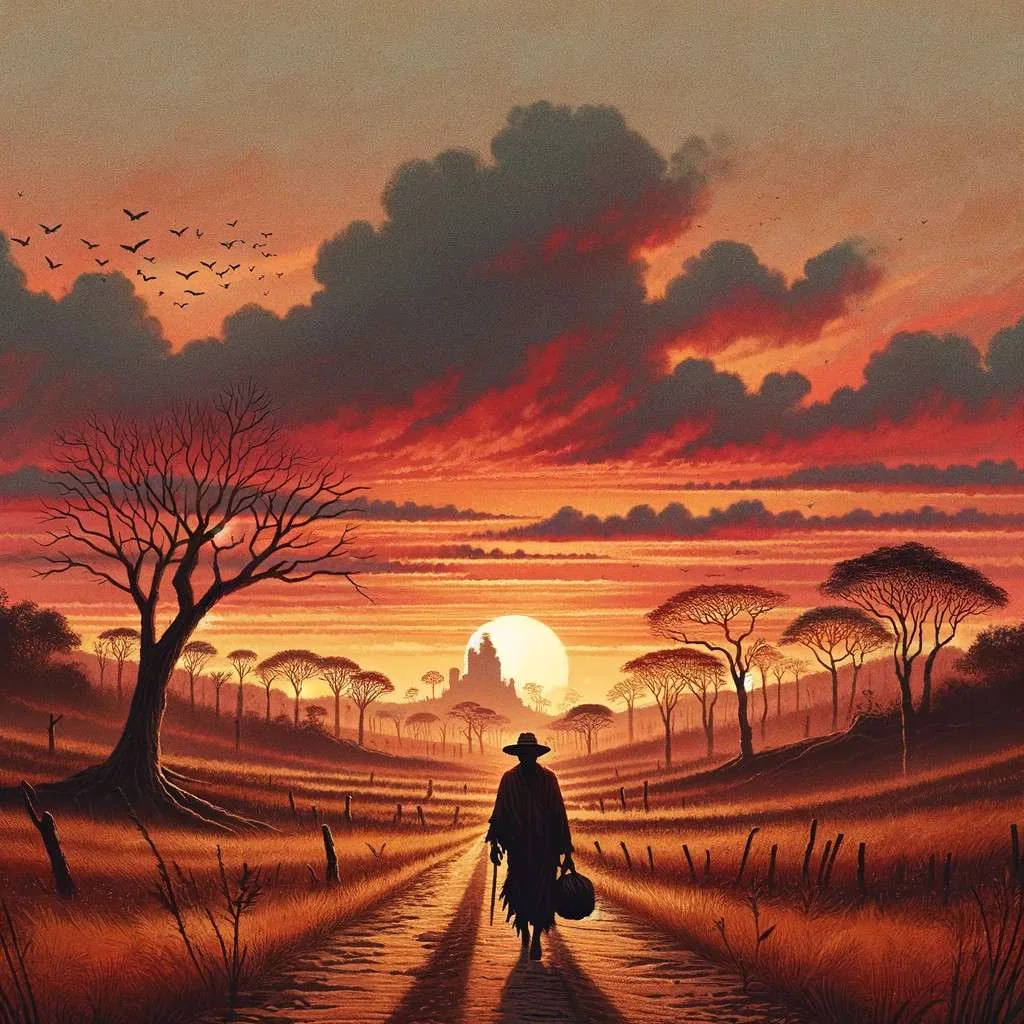 Ilustración del Silbón en los llanos venezolanos al atardecer, evocando misterio y folclore sin elementos de miedo - LosMitosyLeyendas.com