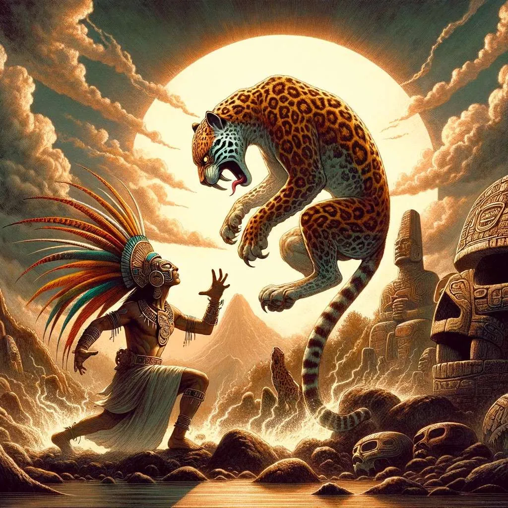 Ilustración del Nahual, mostrando la transformación de un chamán en jaguar en un entorno natural, simbolizando la conexión espiritual y la dualidad humano-animal. Los Mitos y Leyendas (www.losmitosyleyendas.com).