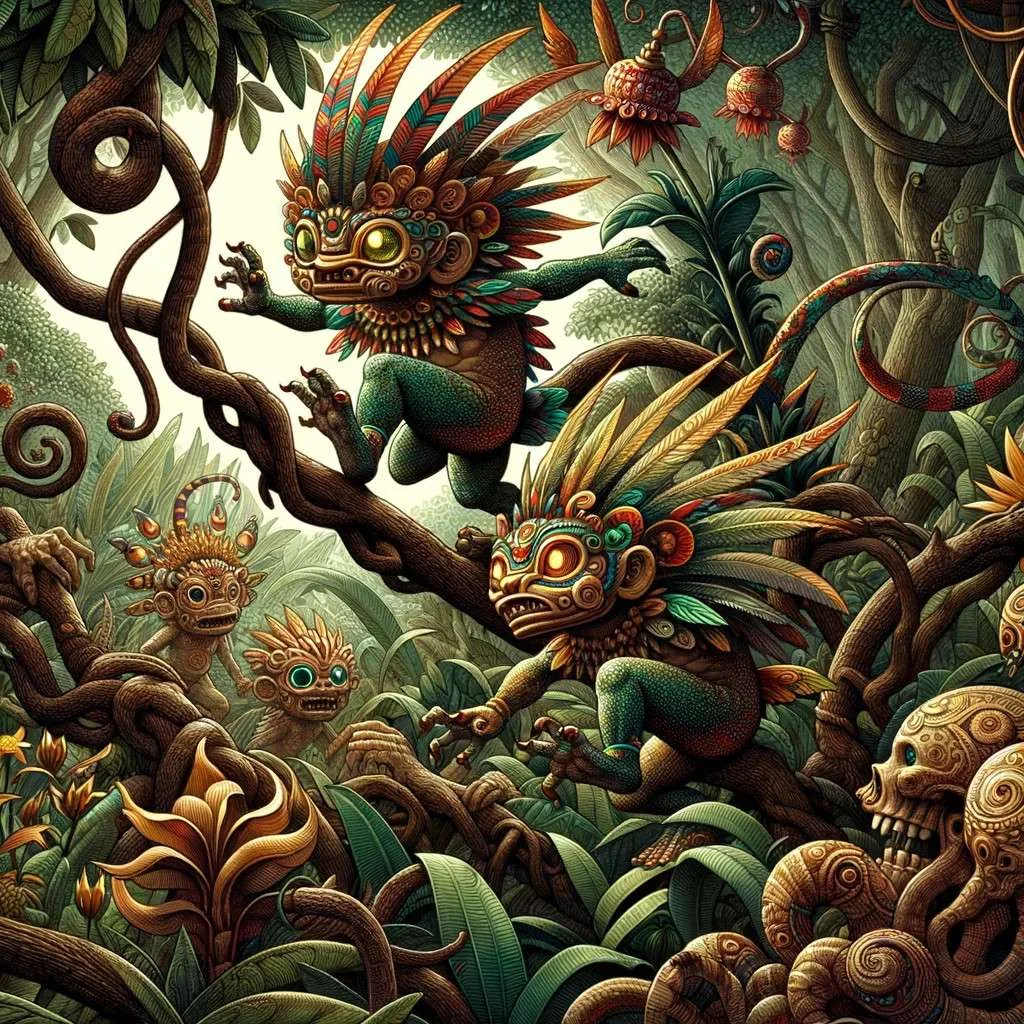 Ilustración de los Duendes Tlalchichinolli, guardianes traviesos de la naturaleza, jugando en un entorno selvático, mostrando su conexión profunda con el mundo natural y su inclinación a las travesuras. Los Mitos y Leyendas (www.losmitosyleyendas.com).