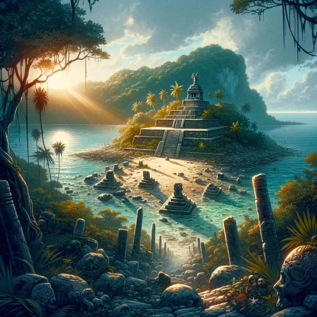 Ilustración de La Isla de los Sacrificios, mostrando sus misterios arqueológicos y ruinas antiguas en un entorno de vegetación tropical y mar turquesa. Los Mitos y Leyendas (www.losmitosyleyendas.com).