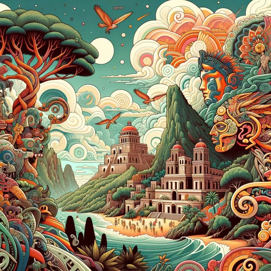Ilustración que fusiona El Tzitzimime con el paisaje y las leyendas de Veracruz, mostrando cómo las creencias aztecas se entrelazan con la cultura de la región. Los Mitos y Leyendas (www.losmitosyleyendas.com).