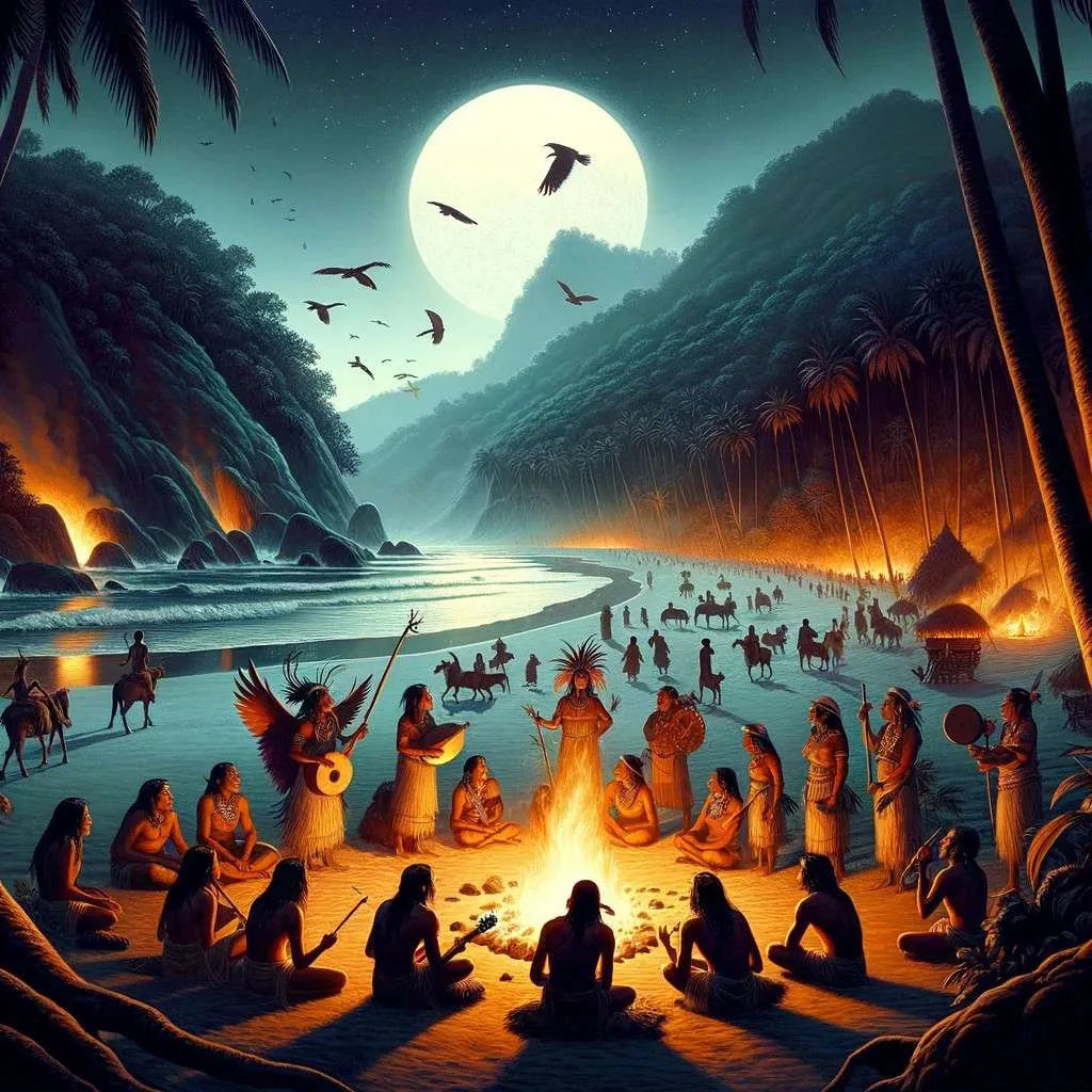Una ilustración que refleja los mitos y leyendas ancestrales de Zihuatanejo, con indígenas compartiendo historias alrededor de un fuego en la playa al atardecer, rodeados de naturaleza prístina, evocando respeto y veneración por la cultura ancestral. Los Mitos y Leyendas (www.losmitosyleyendas.com)