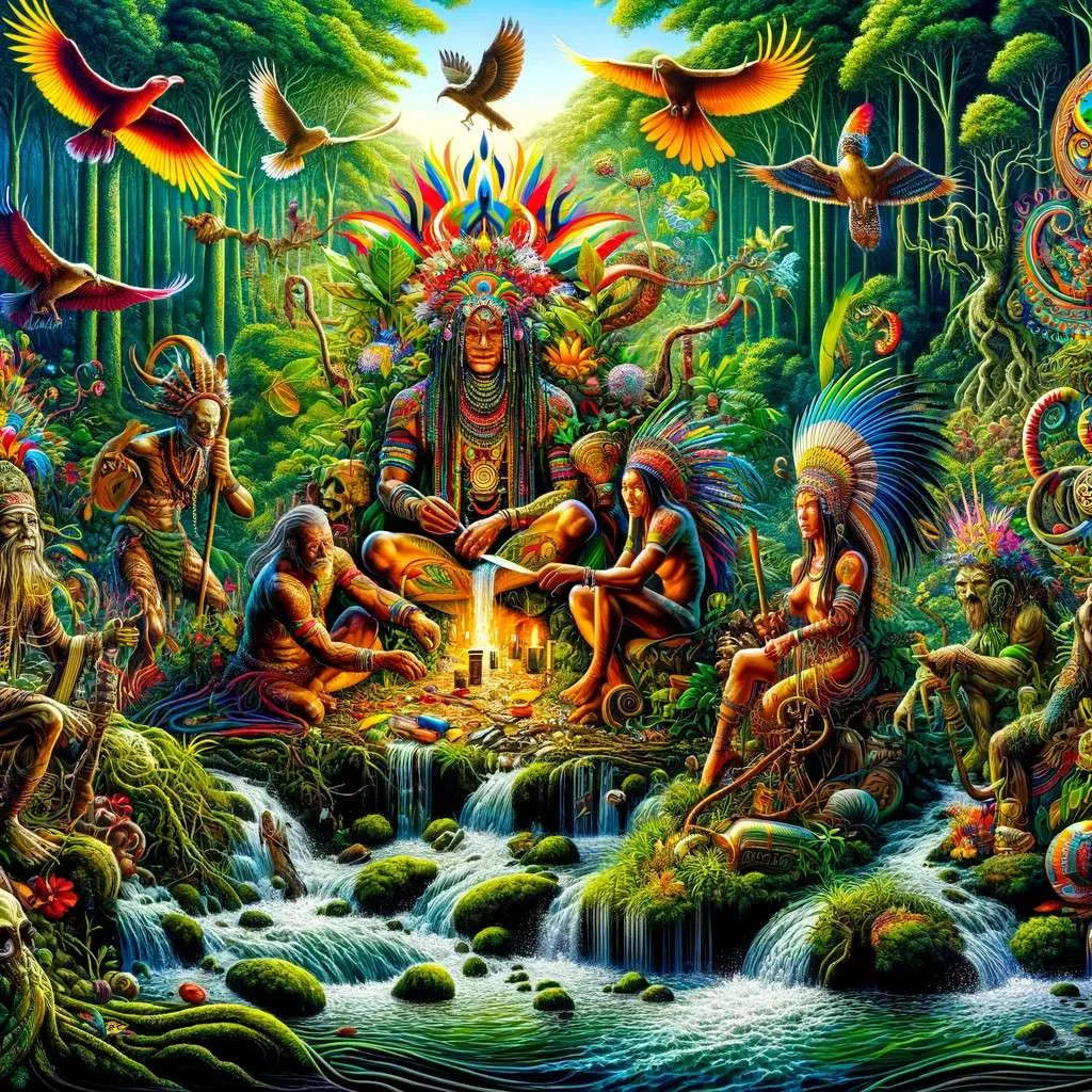 Representación artística de los mitos y leyendas del Chocó, mostrando la selva densa, ríos caudalosos y seres mitológicos, en una escena que invita a la imaginación a explorar las historias ancestrales de la región. Los Mitos y Leyendas (www.losmitosyleyendas.com)