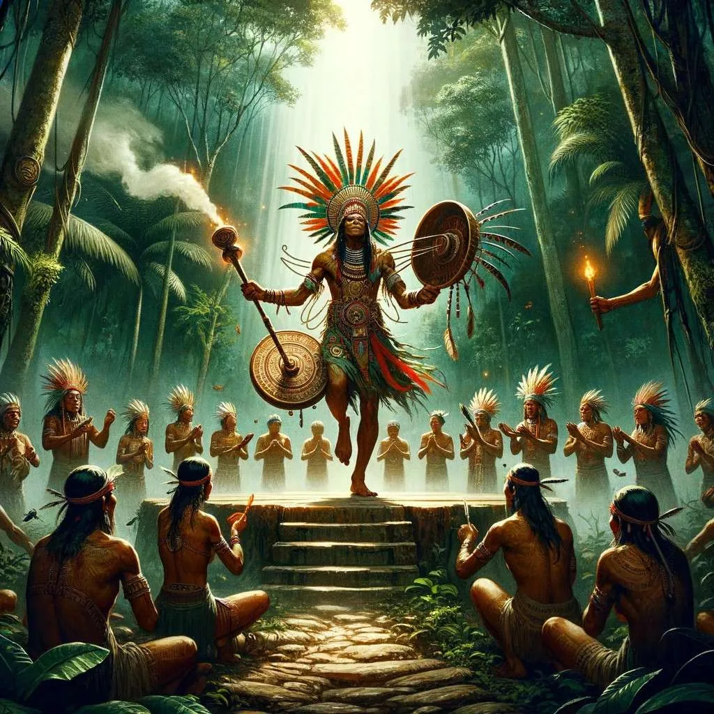Ilustración de la leyenda del Yuruparí en el Chocó, destacando un ritual de iniciación masculina con las sagradas flautas de Yuruparí, en presencia de la comunidad indígena, rodeados por la selva. La imagen evoca espiritualidad y misterio, respetando las tradiciones ancestrales. Los Mitos y Leyendas (www.losmitosyleyendas.com)