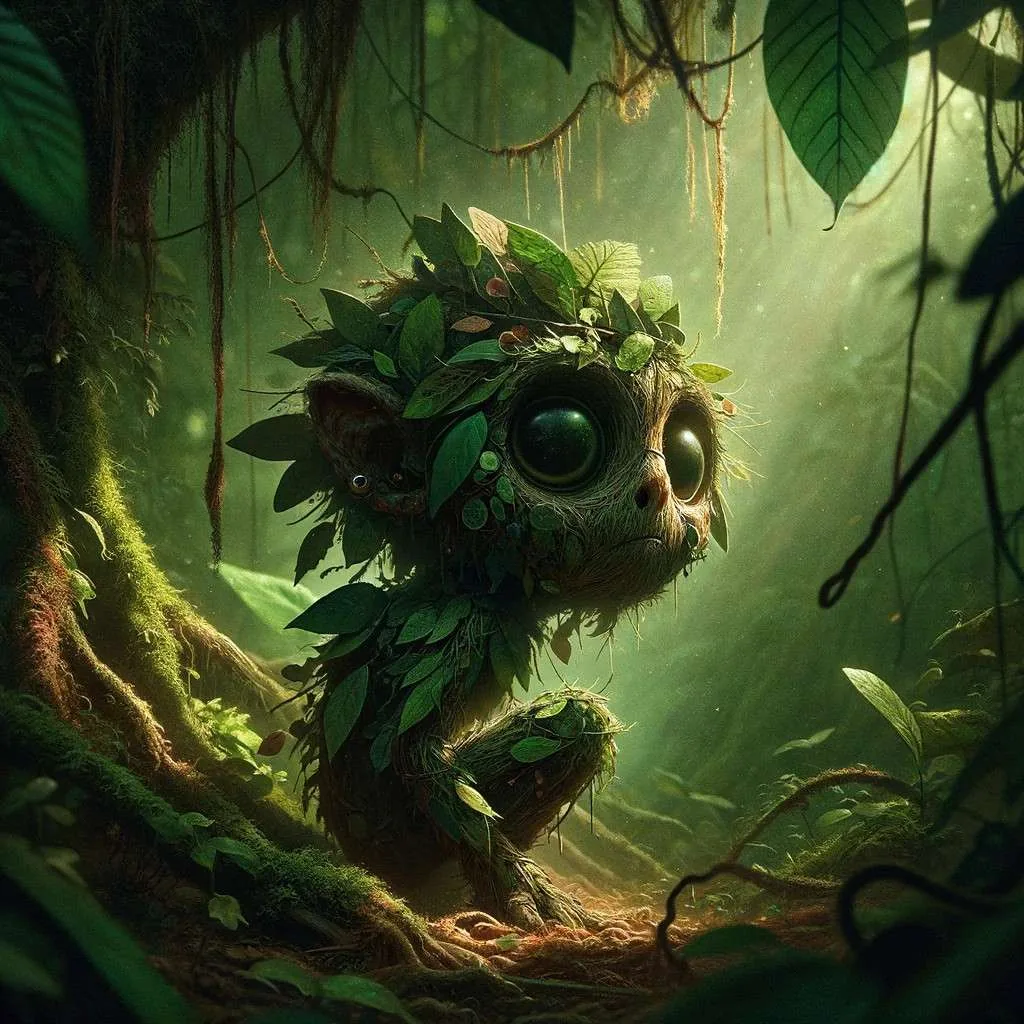 Ilustración del Duende del folclore chocoano, escondido en la selva, vestido con elementos naturales, observando con astucia. La atmósfera enigmática y la luz tenue crean una sensación de curiosidad y presencia casi invisible. Los Mitos y Leyendas (www.losmitosyleyendas.com)