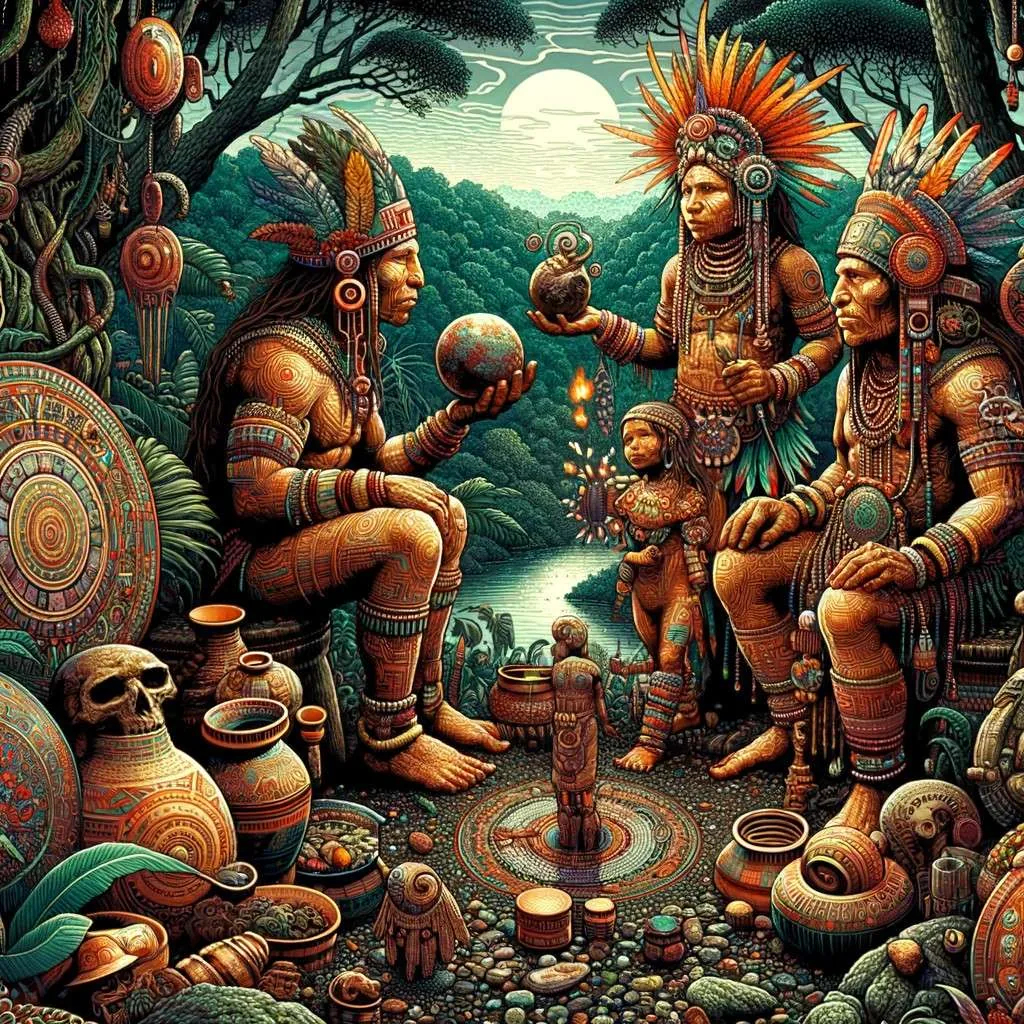 Representación de los mitos y leyendas de los Tumacos, con figuras humanas en ornamentos típicos, rodeadas de símbolos ancestrales, en un entorno natural del Chocó, destacando su relación con la naturaleza y el cosmos. La imagen invita a explorar el misterio y la sabiduría de esta antigua civilización. Los Mitos y Leyendas (www.losmitosyleyendas.com)