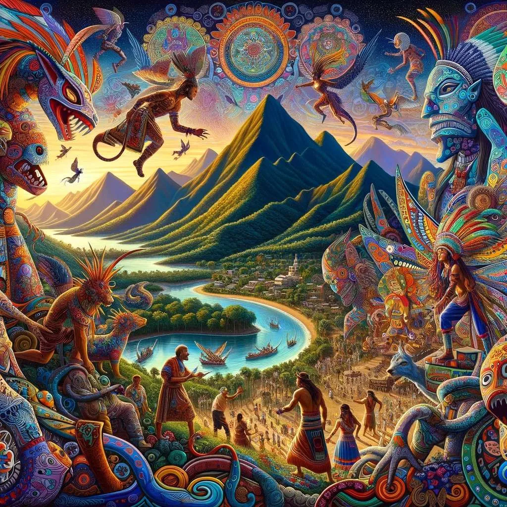 Ilustración de los mitos y leyendas de Nayarit, México, mostrando paisajes montañosos, la costa del Pacífico, arte Huichol, y criaturas míticas como el jaguar, en un entorno vibrante que refleja la rica herencia cultural y las historias ancestrales de la región. Los Mitos y Leyendas (www.losmitosyleyendas.com)