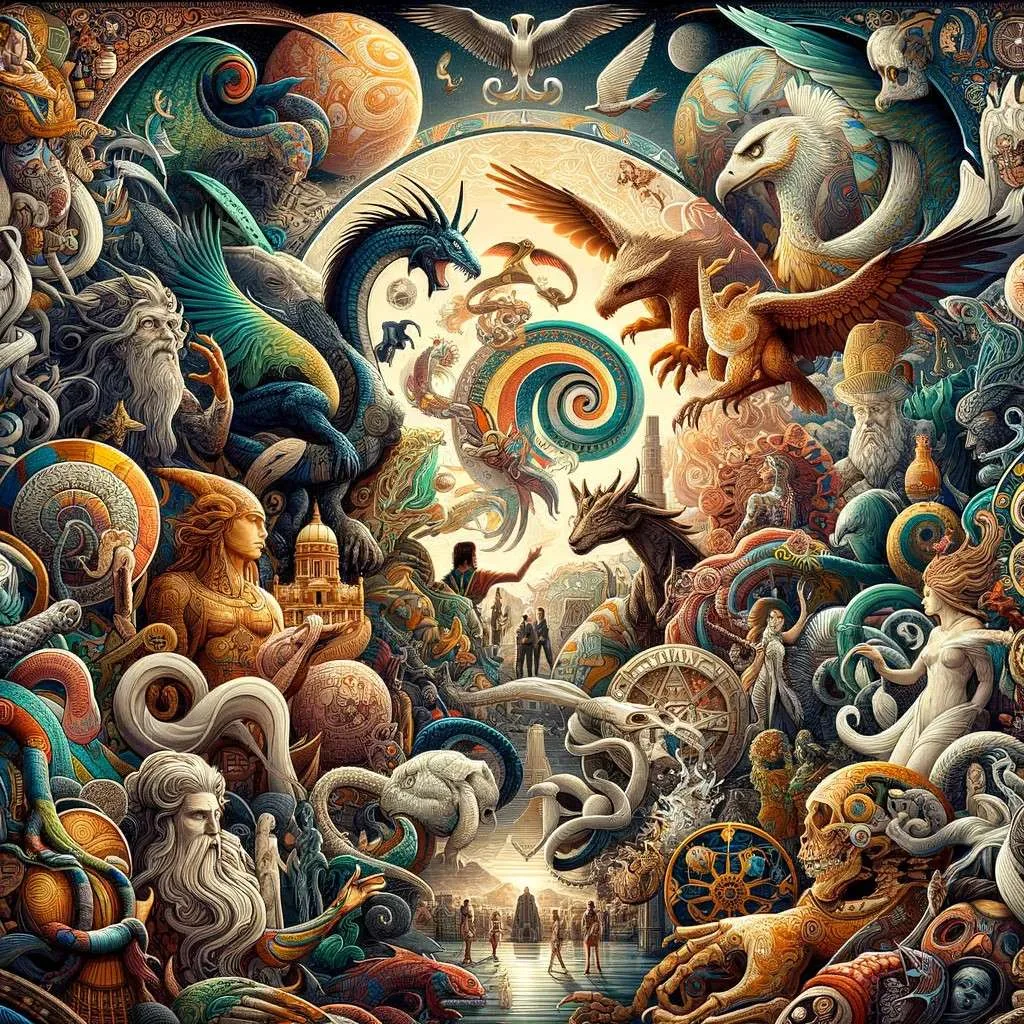 Ilustración que representa el concepto de "Los Mitos y Leyendas", mostrando una mezcla de criaturas míticas, héroes legendarios, símbolos antiguos y puntos de referencia icónicos de diversas culturas, evocando misterio y encanto. Esta obra refleja el poder de los mitos y leyendas para inspirar, enseñar y conectar a las personas a través del tiempo y las culturas. Los Mitos y Leyendas (www.losmitosyleyendas.com)