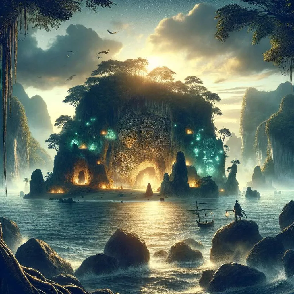 Ilustración de la leyenda del Tesoro de la Isla del Rey Nayar en Nayarit, México, mostrando una isla misteriosa rodeada por el Pacífico, con cuevas ocultas y ruinas antiguas bajo protecciones mágicas, reflejando la rica cultura e historia de Nayarit y el arte indígena Huichol. Los Mitos y Leyendas (www.losmitosyleyendas.com)