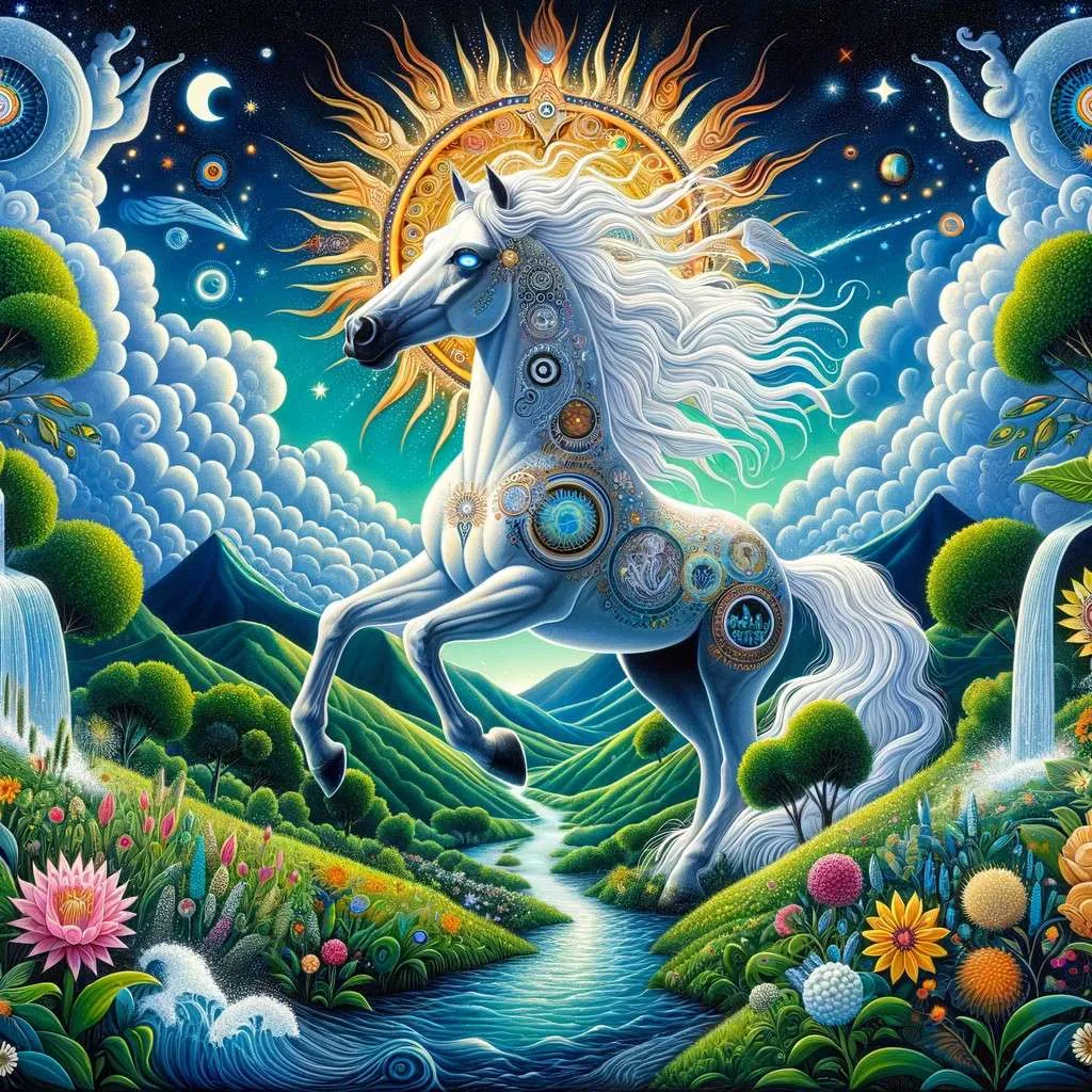 Ilustración del mito del Caballo Blanco de Nayarit, mostrando un caballo blanco majestuoso con ojos que reflejan el cielo, rodeado por un paisaje exuberante con agua, flores y sol, simbolizando prosperidad, armonía y curación. La imagen evoca esperanza, renovación y la conexión profunda entre la gente de Nayarit y sus raíces ancestrales. Los Mitos y Leyendas (www.losmitosyleyendas.com)