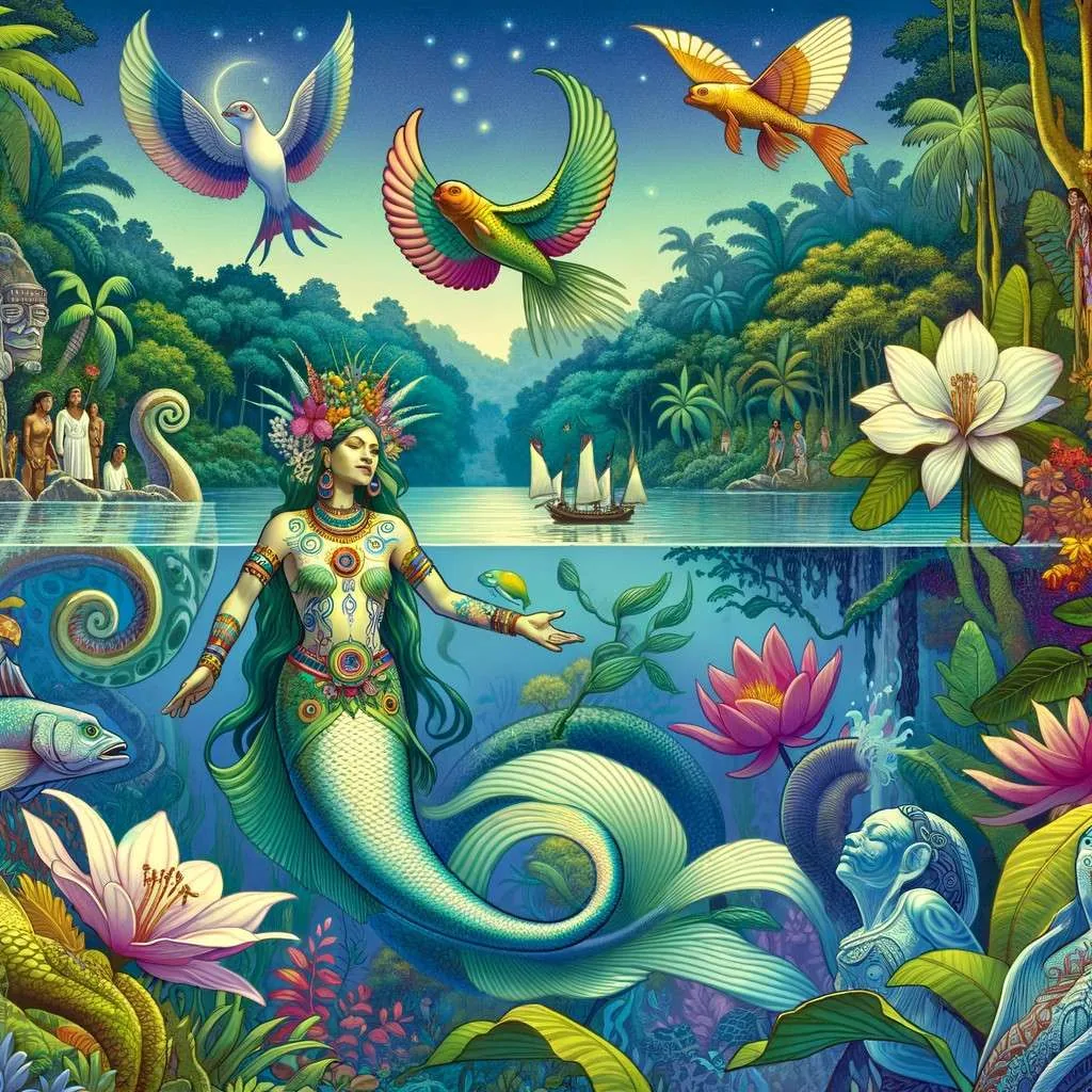 Ilustración de las Marías, las sirenas indígenas de Nayarit, en entornos acuáticos exuberantes, rodeadas de flora y fauna vibrante, simbolizando su papel como guardianas del agua y la vida acuática y su conexión con las culturas indígenas de Nayarit. La imagen evoca maravilla y el vínculo profundo entre la naturaleza y lo mítico. Los Mitos y Leyendas (www.losmitosyleyendas.com)
