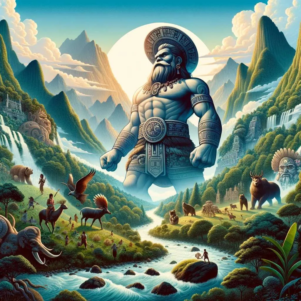 Ilustración de Tatá Imara, "El Gigante Protector" de Nayarit, como una figura colosal entre las montañas de la Sierra Madre Occidental, rodeado de bosques, animales y ríos, simbolizando su protección sobre la tierra y su gente. La obra destaca la interconexión entre humanidad y naturaleza, reflejando las tradiciones y la sabiduría ancestral de Nayarit. Los Mitos y Leyendas (www.losmitosyleyendas.com)