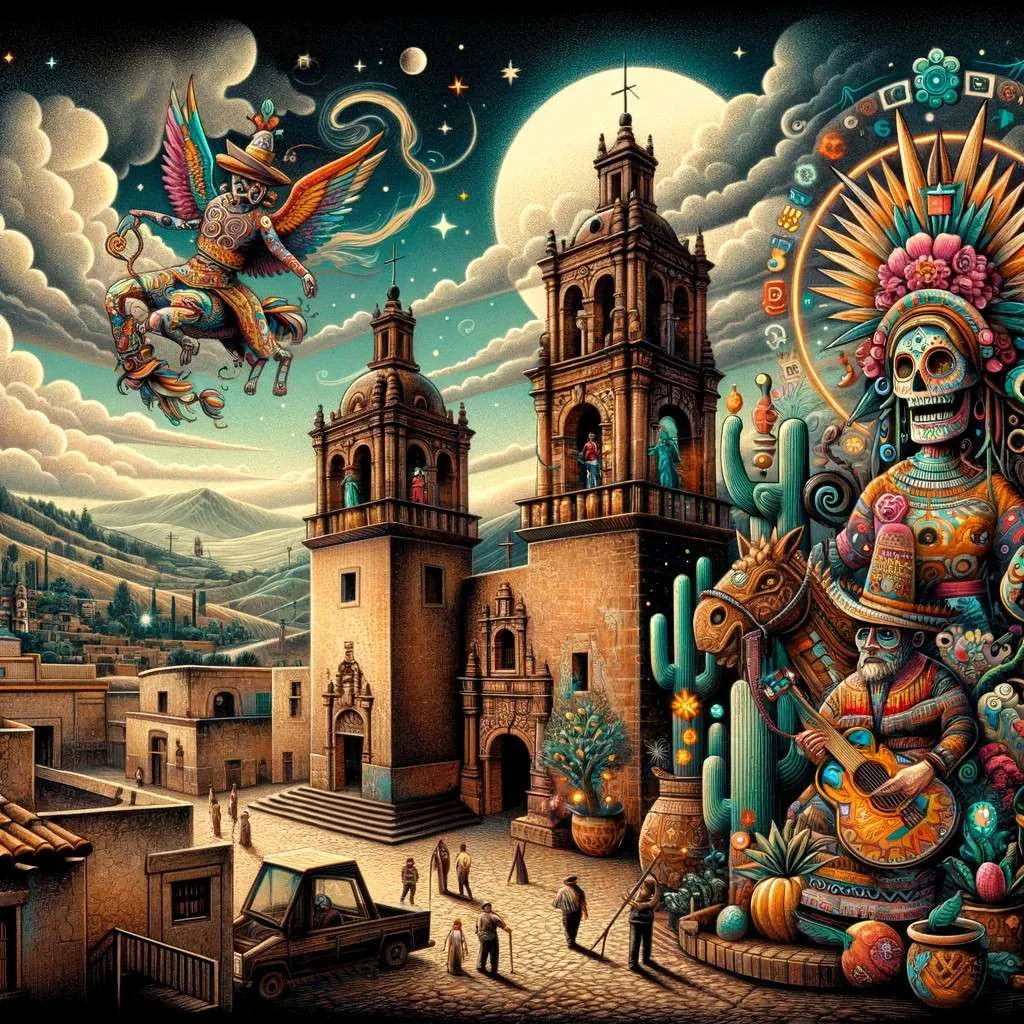 Ilustración de mitos y leyendas de Zacatecas, México, que muestra elementos culturales, paisajes áridos, arquitectura colonial, y tradiciones mineras, evocando misterio y magia a través de un estilo que combina realismo mágico con arte folclórico mexicano. Los Mitos y Leyendas (www.losmitosyleyendas.com)