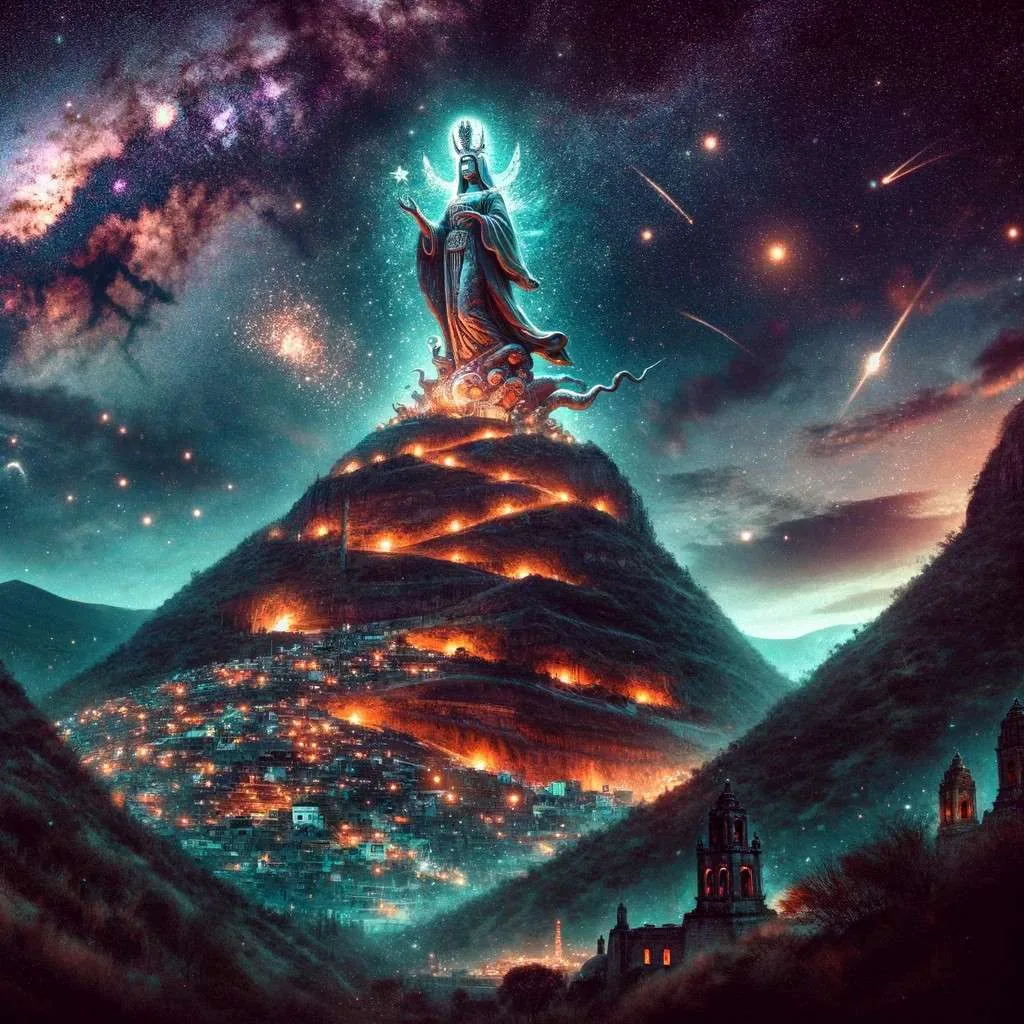 Ilustración del Cerro de la Bufa en Zacatecas bajo un cielo estrellado, con la Virgen del Patrocinio protegiendo a la ciudad, evocando la leyenda local en estilo realismo mágico. Los Mitos y Leyendas (www.losmitosyleyendas.com)