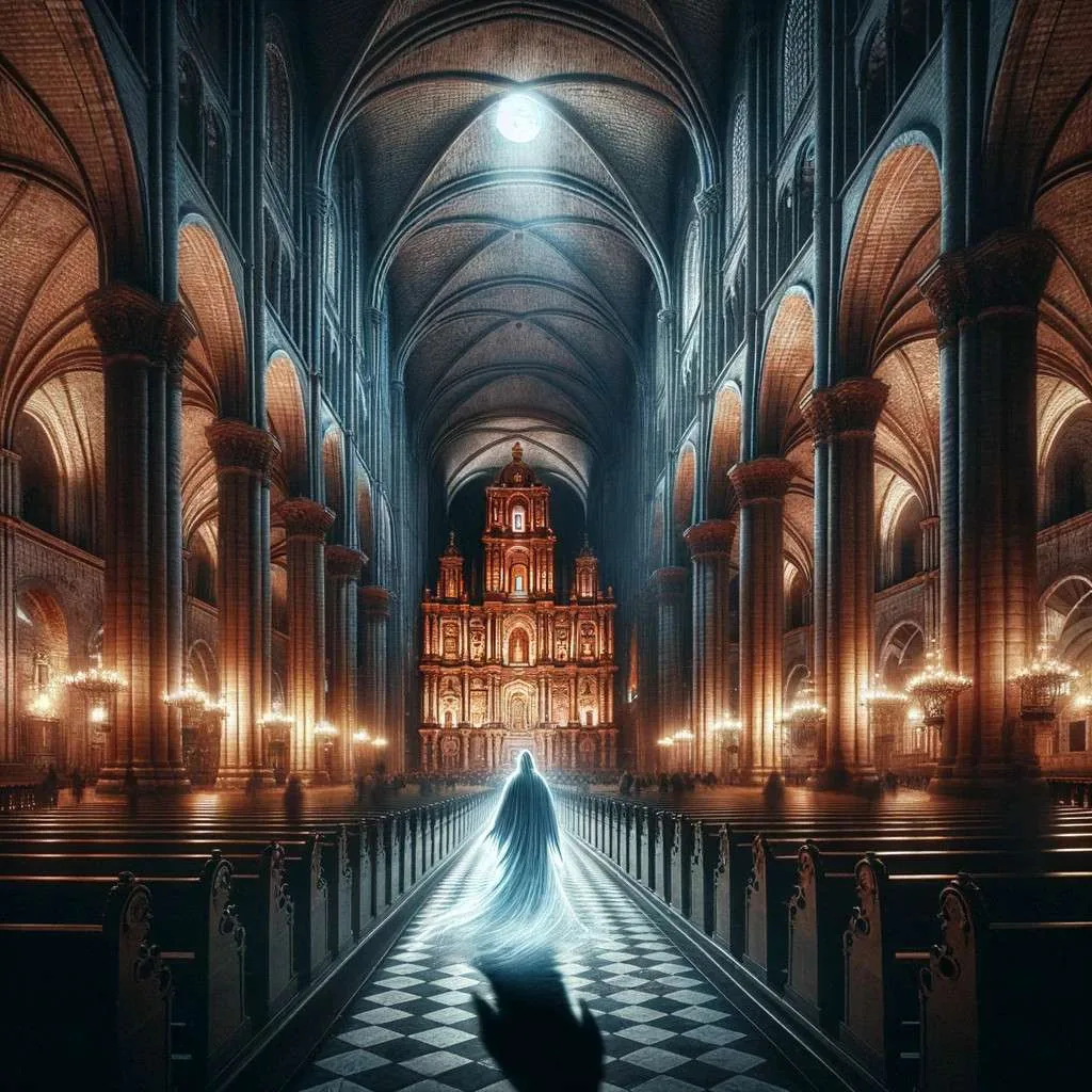 Ilustración del Obispo Fantasma recorriendo la Catedral Basílica de Zacatecas bajo la luz de la luna, evocando misterio y reverencia. Los Mitos y Leyendas (www.losmitosyleyendas.com)