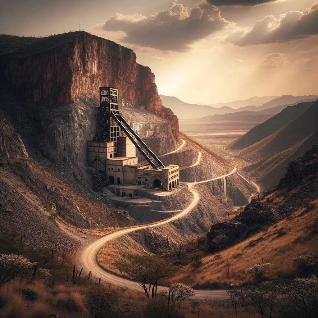 Vista impresionante de las Minas El Edén en Zacatecas, destacando su entrada principal y el paisaje semiárido circundante. Esta imagen captura la tranquilidad y la soledad del lugar, enfatizando su importancia histórica. Los Mitos y Leyendas (www.losmitosyleyendas.com)