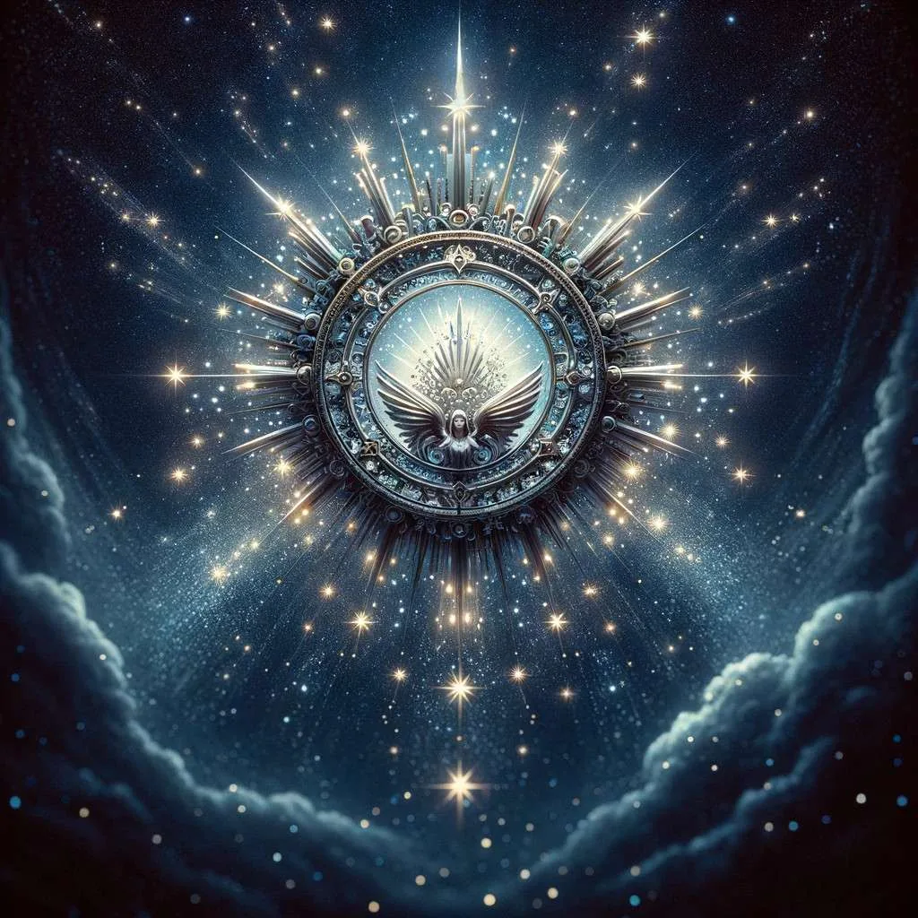 Corona de estrellas brillantes flotando en el aire, simbolizando la leyenda de 'La Monja Coronada de Zacatecas'. La imagen captura el misterio y la devoción de la historia, utilizando una paleta de colores de azul nocturno y blanco estelar para crear una atmósfera mágica y etérea. Los Mitos y Leyendas (www.losmitosyleyendas.com)