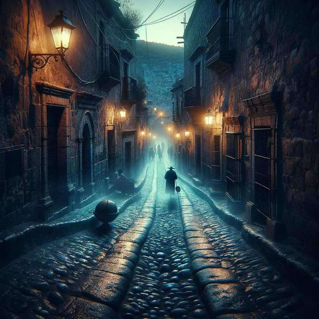 Interpretación artística del Callejón del Indio Triste bajo la penumbra del crepúsculo, con paredes de piedra y camino empedrado iluminados por farolas antiguas. Un halo de luz azulada sugiere la presencia del espíritu del joven indígena, evocando sentimientos de tristeza y amor perdido. Los Mitos y Leyendas (www.losmitosyleyendas.com)