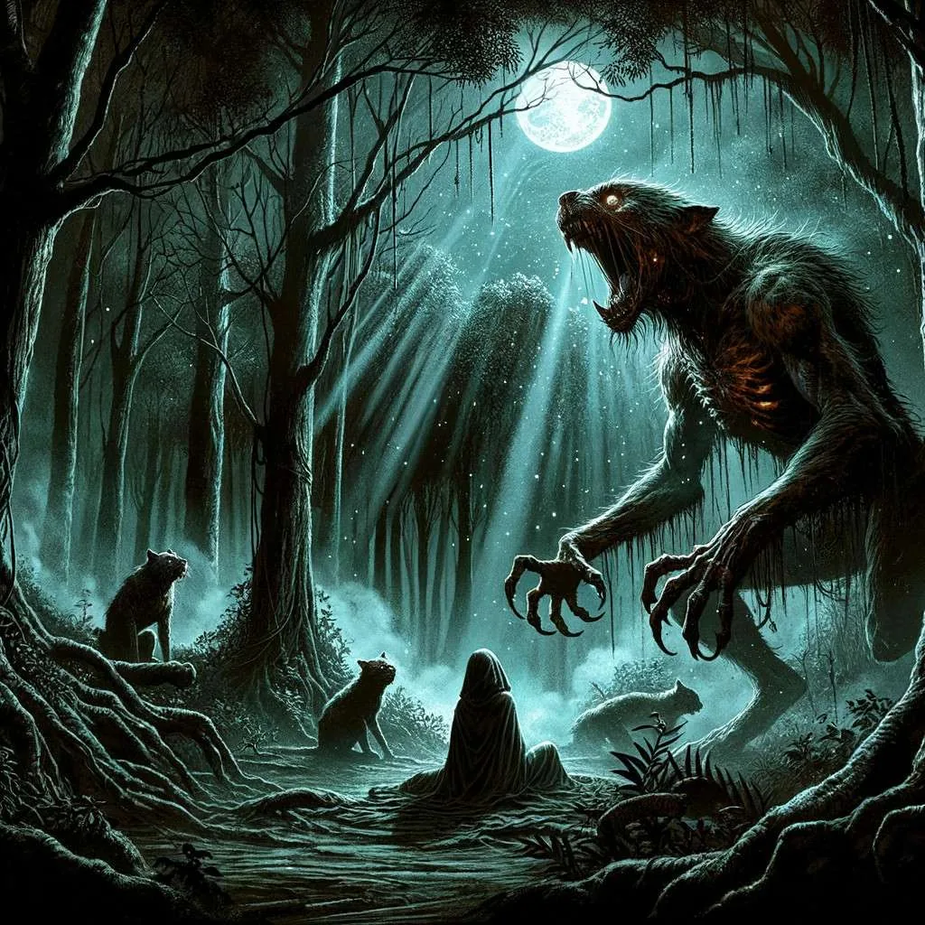 Revelación nocturna de La Tunda: Encuentro nocturno donde La Tunda muestra su verdadera forma terrorífica a una víctima sorprendida, bajo la luz de la luna en la selva. Los Mitos y Leyendas (www.losmitosyleyendas.com)