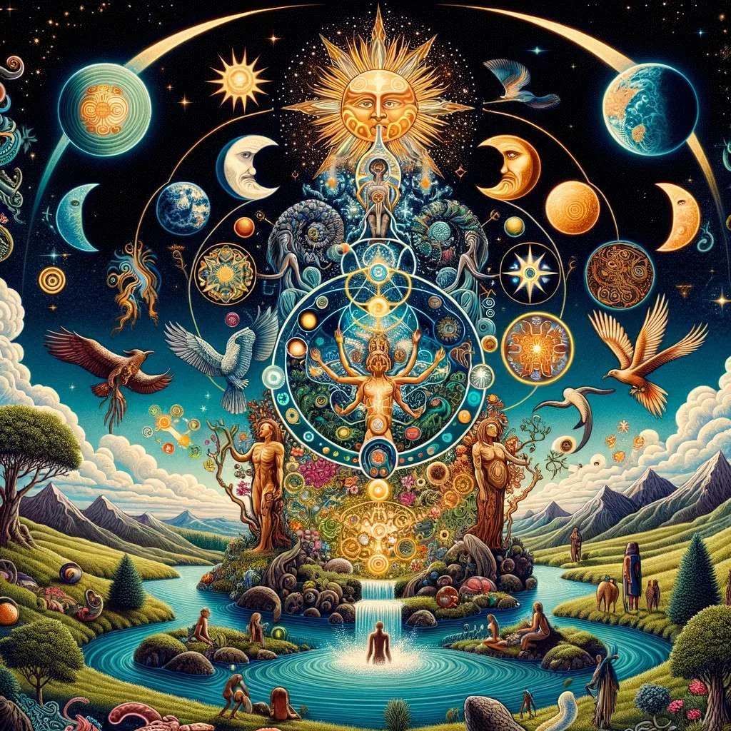 Ilustración del origen del mundo según la cosmovisión mapuche, mostrando una integración armónica de elementos naturales y seres espirituales, en un estilo que refleja la simbología y arte mapuche. La imagen destaca la conexión entre la naturaleza y lo espiritual, simbolizando la riqueza cultural y espiritual mapuche. Los Mitos y Leyendas (www.losmitosyleyendas.com)