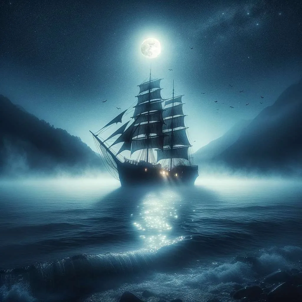 Ilustración que captura la misteriosa esencia de la leyenda del Caleuche, el barco fantasma de la mitología Chilota, en una noche iluminada por la luna sobre las aguas del sur de Chile. Los Mitos y Leyendas (www.losmitosyleyendas.com)