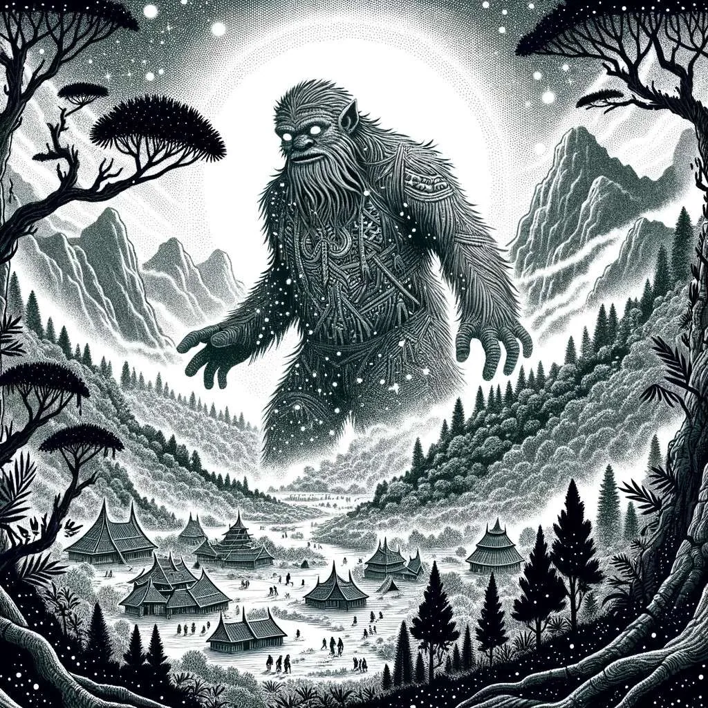 Ilustración que captura la imponente figura del Trengtrengkelche, una criatura mitológica de la cultura Mapuche, en su entorno natural, evocando su conexión con la tierra y los elementos. Los Mitos y Leyendas (www.losmitosyleyendas.com)