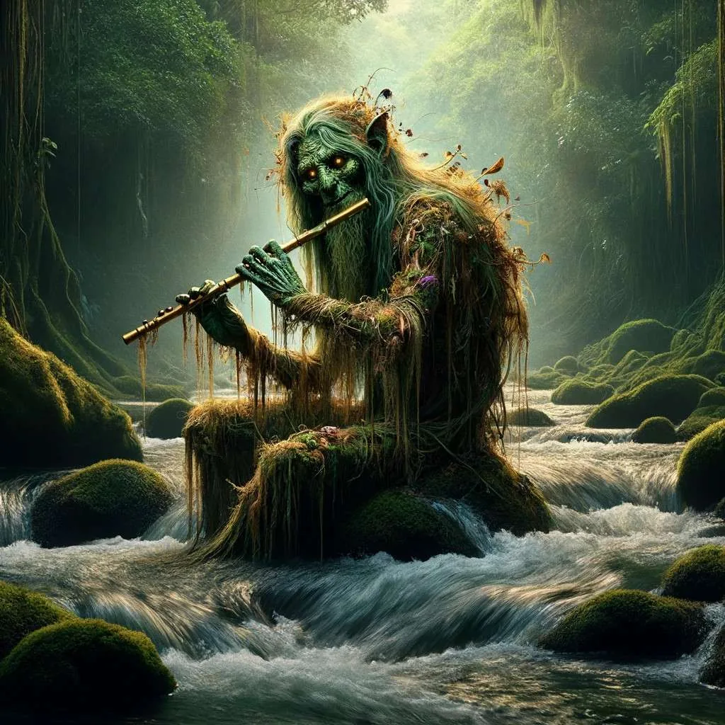 El texto alt para la imagen de El Mohán podría ser: "Representación de El Mohán, figura mítica del folclore colombiano, sentado en la orilla de un río tocando una flauta dorada. Caracterizado por su largo cabello enredado cubierto de musgo y escombros del río, se fusiona con el entorno selvático. La escena, ambientada en una selva densa y junto a un río caudaloso, captura la esencia misteriosa y atractiva de El Mohán, reflejando su reino y el encanto que cautiva la imaginación de quienes escuchan sus historias.
