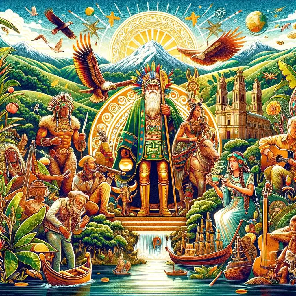 Ilustración que representa mitos y leyendas precolombinas de Colombia, mostrando personajes icónicos como el Dorado, la Madremonte, y Bochica en un paisaje diverso que incluye los Andes y la selva amazónica. La imagen entrelaza elementos de cultura, naturaleza y mitología, reflejando la rica herencia y las narrativas profundas que forman parte de la identidad cultural colombiana. Los Mitos y Leyendas (www.losmitosyleyendas.com)