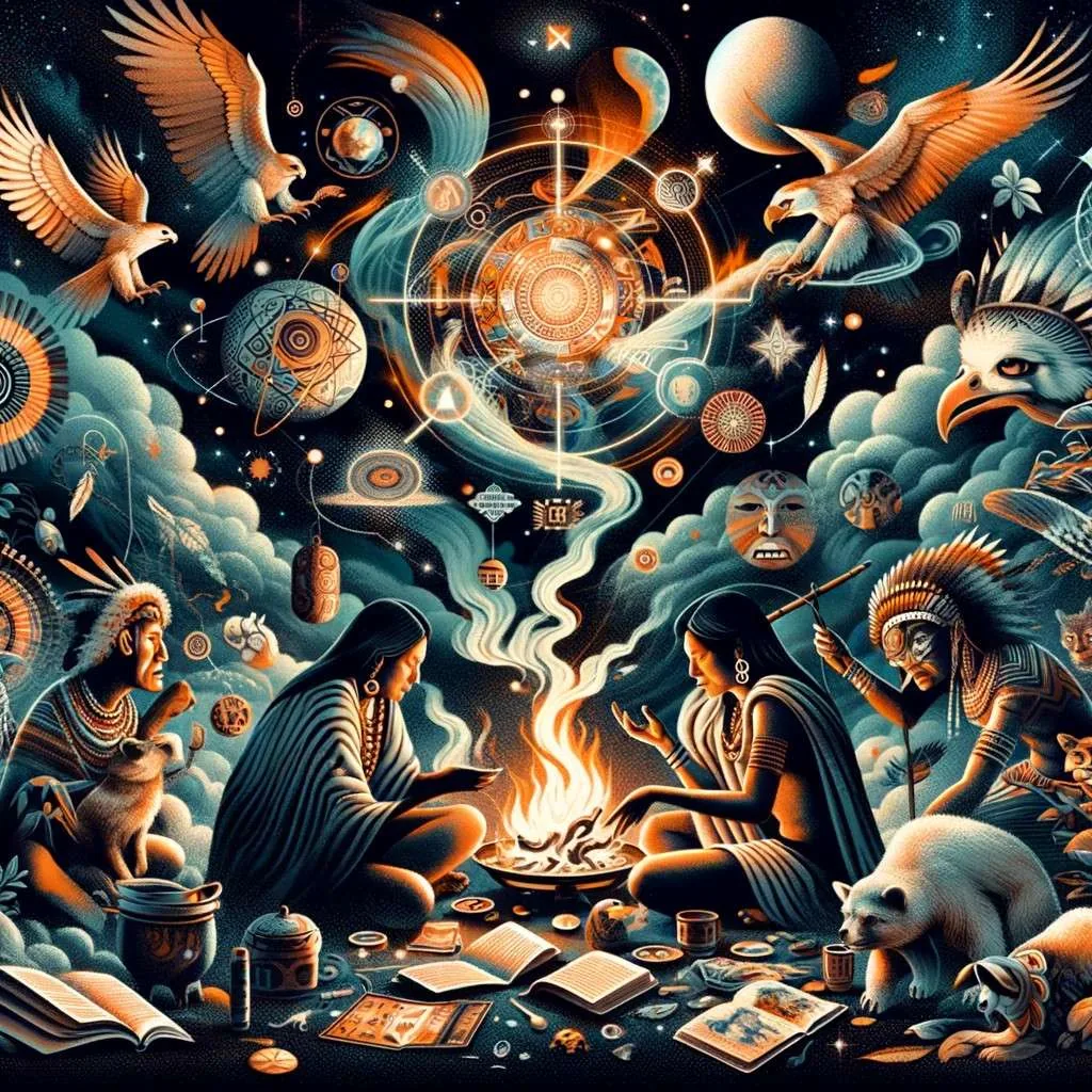 Ilustración conceptual que representa el origen de los mitos y leyendas precolombinas en Colombia, con figuras ancestrales compartiendo historias alrededor de un fuego, rodeadas de símbolos indígenas sagrados y animales totémicos. Esta imagen evoca la conexión entre los pueblos indígenas, la naturaleza y el cosmos, mostrando cómo estas relaciones inspiraron un rico tapiz de mitología y leyendas que forman parte de la herencia cultural colombiana. Los Mitos y Leyendas (www.losmitosyleyendas.com)
