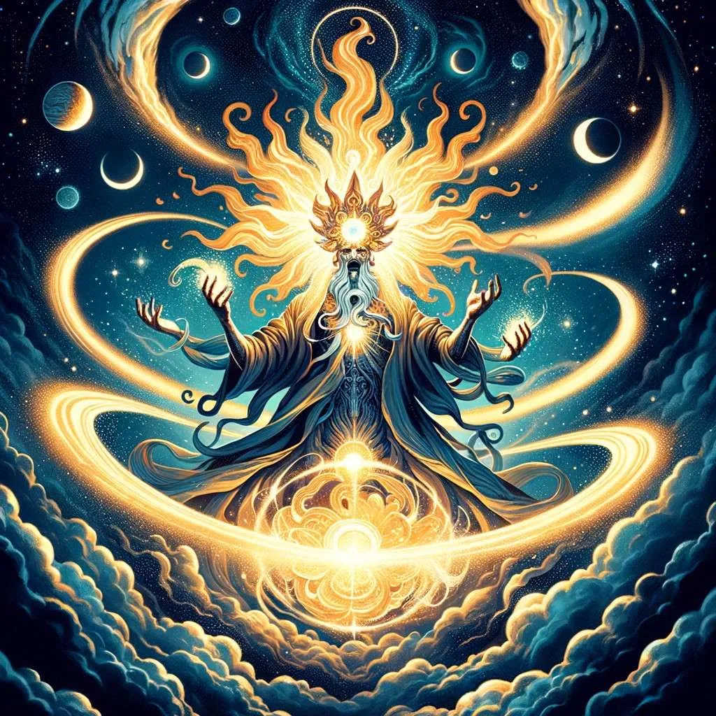 Chiminigagua, el dios supremo Muisca, como una entidad luminosa creando el sol y la luna en el cosmos oscuro. Los Mitos y Leyendas (www.losmitosyleyendas.com)