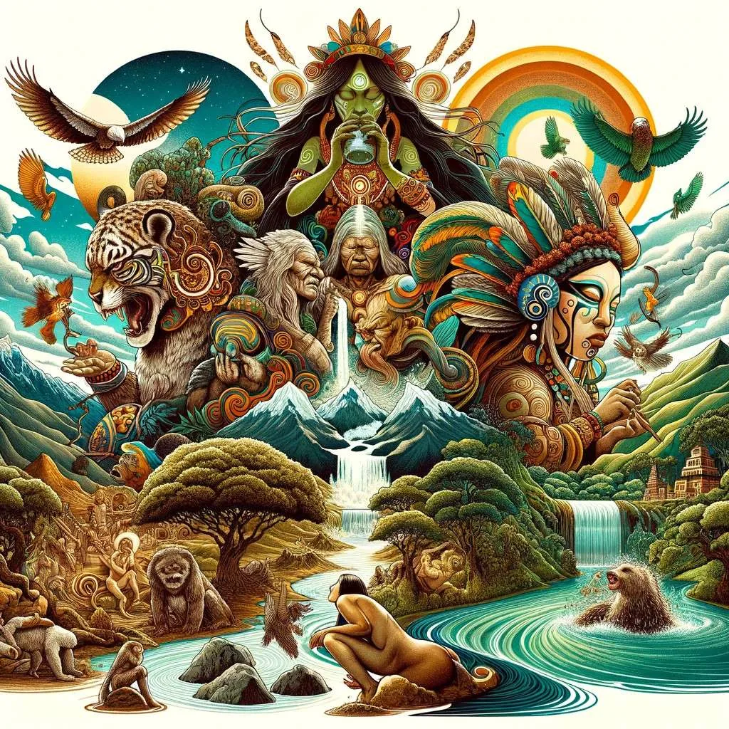 Ilustración que representa seres sobrenaturales de la tradición oral indígena en Colombia, incluyendo a la Madre Monte en los bosques, Bochica como figura civilizadora, y el Mohán en los ríos. Rodeados de elementos naturales como bosques frondosos, ríos caudalosos y montañas imponentes, esta imagen destaca la interconexión entre la espiritualidad indígena, la naturaleza y las comunidades originarias, reflejando la riqueza de las cosmovisiones indígenas colombianas. Los Mitos y Leyendas (www.losmitosyleyendas.com)