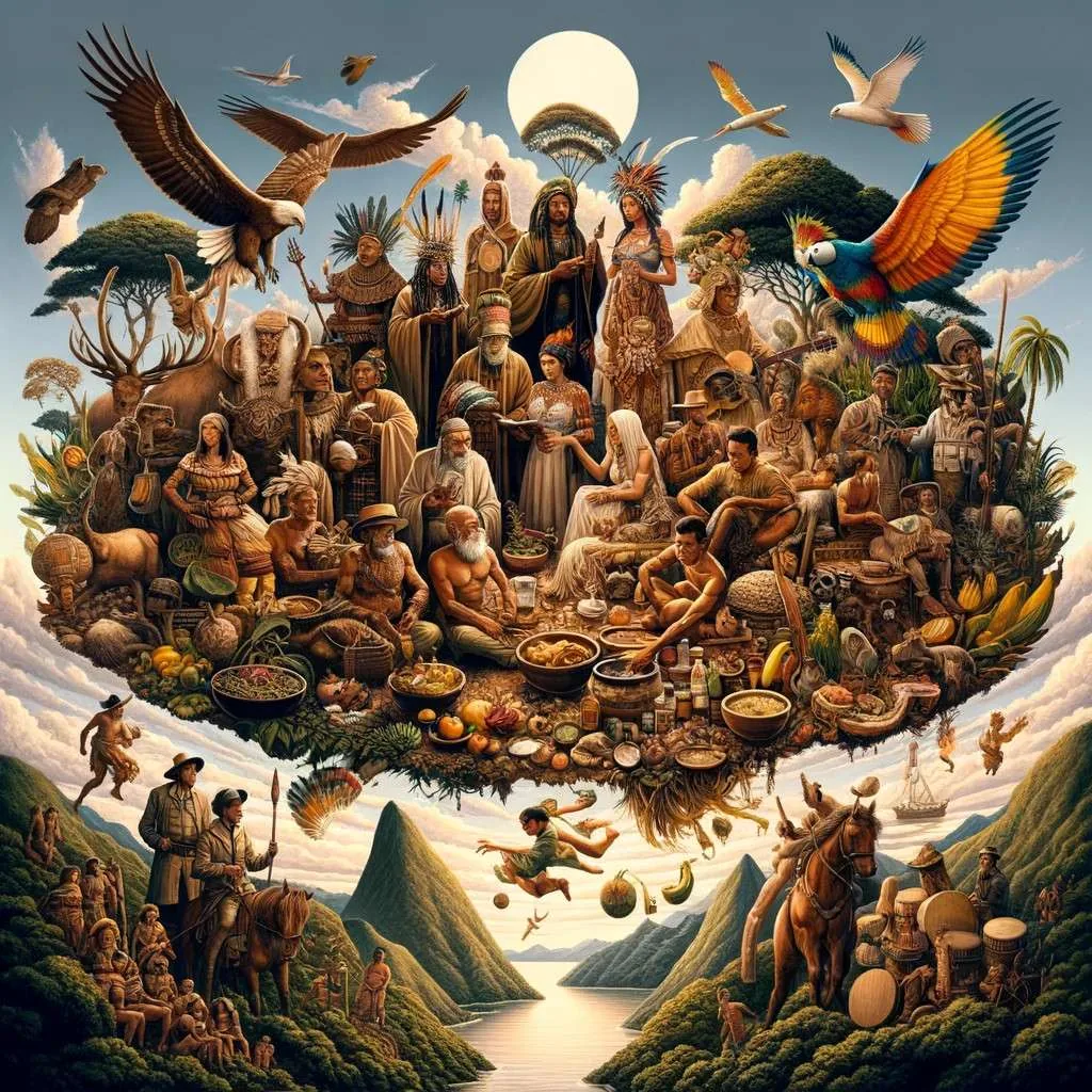 Ilustración que muestra la fusión de leyendas precolombinas con la vida contemporánea en Colombia, donde personajes mitológicos se entrelazan con elementos modernos de la cultura colombiana. Esta escena simboliza la continuidad y presencia vivaz de las tradiciones ancestrales en festividades, tradiciones y el día a día del país, resaltando la rica diversidad cultural y la unión entre el pasado legendario y el presente vibrante de Colombia. Los Mitos y Leyendas (www.losmitosyleyendas.com)