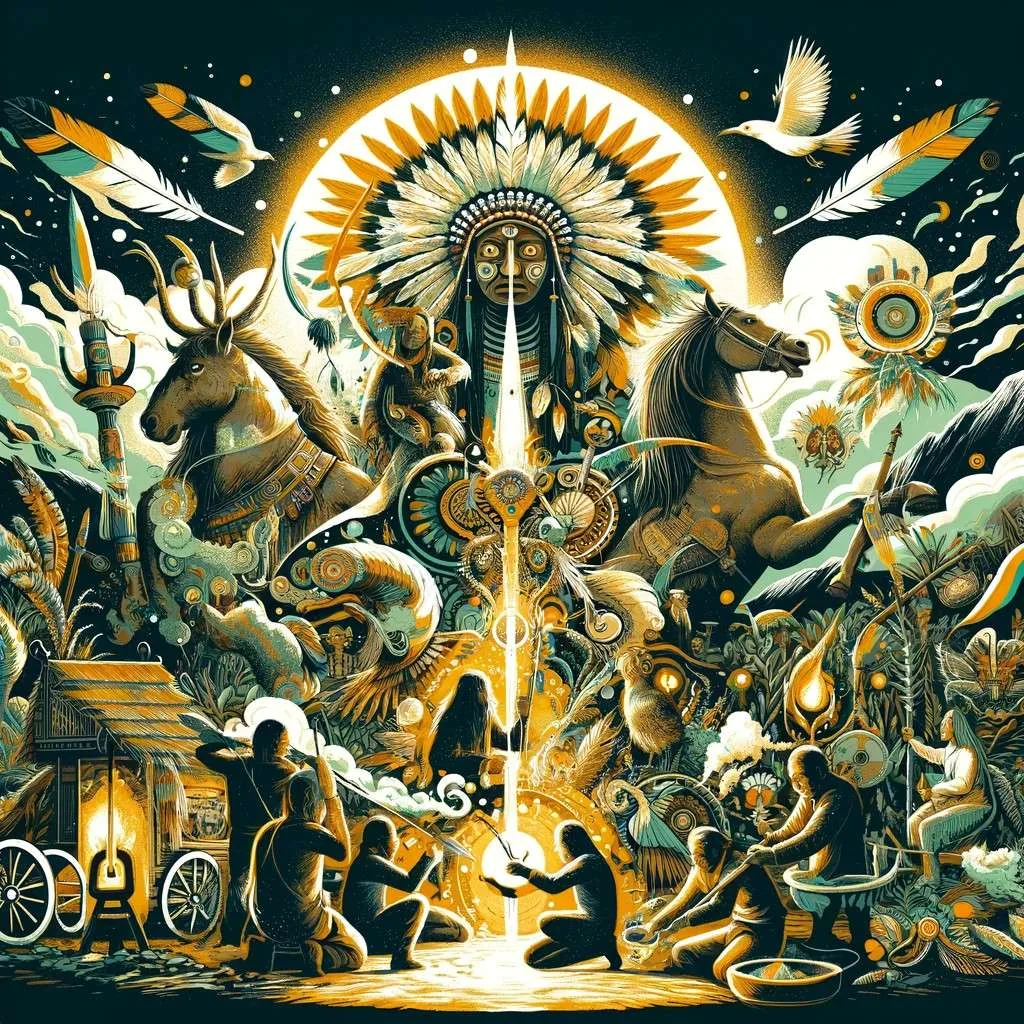 Ilustración que muestra la integración de los mitos precolombinos en la sociedad colombiana contemporánea, fusionando elementos tradicionales indígenas con la vida moderna de Colombia, incluyendo festividades, el arte, la educación y prácticas sostenibles. Esta imagen captura cómo las narrativas ancestrales siguen siendo una parte vital de la identidad cultural y el respeto por la naturaleza, destacando la relevancia continua de estos mitos en el fortalecimiento de la diversidad y riqueza cultural del país. Los Mitos y Leyendas (www.losmitosyleyendas.com)