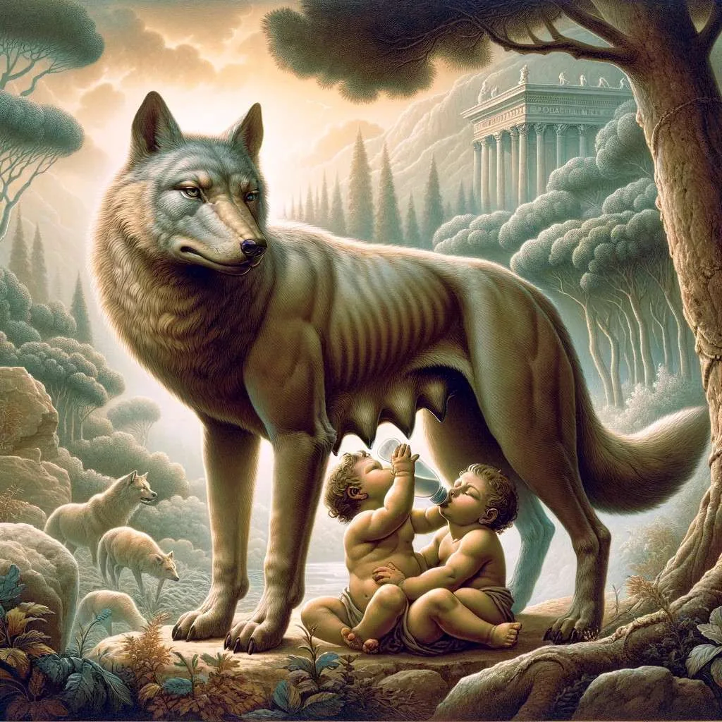 Rómulo y Remo siendo amamantados por la loba en un entorno boscoso antiguo, con la silueta de la futura Roma al fondo. Los Mitos y Leyendas (www.losmitosyleyendas.com)